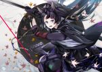  1girl animal_ears arknights black_hair black_kimono cno dog_ears dog_girl fingerless_gloves gloves highres holding holding_weapon japanese_clothes kimono long_hair naginata pants polearm purple_gloves purple_pants saga_(arknights) solo violet_eyes weapon 