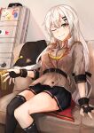  1girl absurdres asymmetrical_legwear bangs belt black_belt black_gloves black_legwear black_skirt brown_jacket closed_mouth commentary commentary_request couch eyebrows_visible_through_hair girls_frontline gloves grey_eyes grey_hair highres jacket jewelry long_hair looking_at_viewer muteppona_hito one_eye_closed partially_fingerless_gloves ring silver_hair sitting skirt smile solo svd_(girls_frontline) thigh-highs uniform weapon_case 