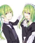  2others androgynous apron choker crossdressinging enkidu_(fate) fate/grand_order fate_(series) formal gloves green_eyes green_hair kingu_(fate) long_hair maid maid_apron maid_headdress maru_(pixiv51714255) multiple_others open_mouth otoko_no_ko ponytail smile suit vest violet_eyes white_gloves 