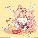  1girl animal_ear_fluff animal_ears black_ribbon blonde_hair cat_ears cat_girl cat_tail chibi commentary_request hair_flaps hair_ornament hair_ribbon hairclip kantai_collection kemonomimi_mode long_hair momoniku_(taretare-13) pleated_skirt remodel_(kantai_collection) ribbon scarf school_uniform serafuku short_sleeves skirt solo tail tail_raised translation_request twitter_username watermark web_address yuudachi_(kancolle) 