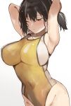  1girl arknights arms_behind_head breasts brown_hair covered_navel highres jewelry large_breasts magallan_(arknights) multicolored_hair one-piece_swimsuit one_eye_closed otsumami_(02mami) single_earring streaked_hair swimsuit 