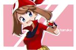  1girl :d bandana bangs blue_eyes breasts brown_hair character_name collared_shirt fingerless_gloves gloves may_(pokemon) open_mouth pokemon pokemon_(game) pokemon_rse red_bandana red_shirt shirt simple_background smile solo watta02614129 