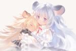  2girls animal_ear_fluff animal_ears blue_eyes blush closed_eyes closed_mouth frills grey_background hair_over_one_eye hug long_hair looking_at_another mouse_ears multiple_girls original red_neckwear rojiura_(rojunu11) simple_background smile white_hair 