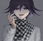  1boy :d aji_kosugi bangs black_hair checkered checkered_background checkered_scarf dangan_ronpa_(series) dangan_ronpa_v3:_killing_harmony eyebrows_visible_through_hair grey_background hair_between_eyes hand_up highres long_sleeves looking_at_viewer male_focus open_mouth ouma_kokichi purple_hair scarf short_hair smile solo straitjacket sweat upper_body violet_eyes 