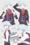  1boy arm_up blush carbink closed_mouth collared_shirt commentary_request flying_sweatdrops grey_eyes grey_hair hand_on_hip holding holding_pokemon jacket jewelry long_sleeves male_focus necktie niimura_(csnel) off_shoulder pants pokemon pokemon_(creature) pokemon_(game) pokemon_oras purple_vest ring shirt short_hair steven_stone vest white_shirt 