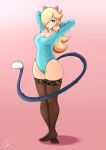  absurdres animal_ears arms_behind_back arms_up bell blonde_hair blue_eyes blush breasts cat_ears cat_tail hair_over_one_eye highres jewelry laceysx lips lipstick long_hair long_tail makeup super_mario_bros. medium_breasts necklace rosalina tail thigh-highs thighs 