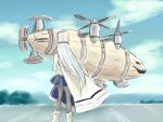  1girl azur_lane black_legwear blurry blurry_background boots clouds cloudy_sky coat command_and_conquer command_and_conquer:_red_alert_2 commentary_request depth_of_field final_fantasy final_fantasy_vii from_behind grey_hair hat kirov_(azur_lane) kirov_airship long_hair mks_daisenpai namesake pantyhose parody sky translation_request very_long_hair 