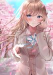  1girl bangs blue_eyes blue_neckwear blue_ribbon blue_sky blush brown_hair brown_jacket buttons cherry_blossoms closed_mouth collared_shirt day eyebrows_visible_through_hair hand_on_own_cheek hand_on_own_face highres jacket long_hair long_sleeves looking_at_viewer neck_ribbon open_clothes open_jacket original outdoors petals reaching_out ribbon sakura_(39ra) school_uniform shirt sky smile solo spring_(season) tree upper_body white_shirt wind 