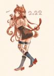  1girl animal_ears bangs beige_background black_skirt blunt_bangs brown_hair cat_day cat_ears cat_tail commentary_request full_body green_eyes helena_(kancolle) highres kantai_collection kemonomimi_mode long_hair looking_at_viewer military military_uniform paw_pose rudder_footwear simple_background skirt solo striped striped_legwear tail thigh-highs uniform wss_(nicoseiga19993411) 