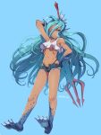  1girl aqua_hair arm_up bare_shoulders blue_background blue_eyes dark_skin dark-skinned_female denim denim_shorts fish_girl gills highres holding holding_weapon long_hair murata_tefu navel original polearm scales short_shorts shorts simple_background trident weapon white_background 