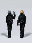  2boys \m/ absurdres black_jacket black_pants clenched_hand copyright_name daft_punk english_commentary from_behind grey_background guy-manuel_de_homem-christo helmet highres jacket male_focus multiple_boys pants piku184 real_life thomas_bangalter walking 