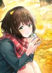 1girl autumn autumn_leaves bangs blush breath brown_hair can eyebrows_visible_through_hair fringe_trim green_eyes green_jacket holding holding_can jacket kagawa_ichigo long_sleeves looking_at_viewer original outdoors parted_lips plaid plaid_scarf red_scarf scarf short_hair skirt smile solo 