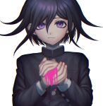  1boy bangs black_hair black_jacket blood bloody_hands blurry closed_mouth commentary_request dangan_ronpa_(series) dangan_ronpa_v3:_killing_harmony grey_background hair_between_eyes hands_up highres jacket long_sleeves looking_at_viewer male_focus official_alternate_costume ouma_kokichi own_hands_together pink_blood short_hair simple_background solo tei_(auntaso) upper_body violet_eyes white_background 