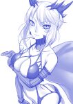  1girl artoria_pendragon_(all) artoria_pendragon_(lancer_alter)_(fate) ass bare_shoulders bikini breast_lift breast_rest breasts closed_mouth cowboy_shot crown elbow_gloves fate/grand_order fate_(series) gishu gloves hair_bun highres large_breasts looking_at_viewer monochrome purple_theme simple_background smile solo swimsuit thong_bikini white_background 