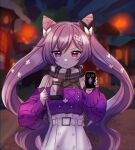  1girl :t alternate_costume bare_shoulders blush bow braid casual flower genshin_impact hair_bow hair_flower hair_ornament highres holding holding_phone kenouo keqing_(genshin_impact) lantern long_hair long_sleeves looking_at_viewer night phone pout purple_hair purple_sweater scarf skirt sweater twintails violet_eyes white_skirt 