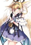  1girl absurdres animal_ears arknights bare_shoulders black_gloves blonde_hair braid fox_ears fox_tail gloves green_eyes hair_intakes hairband highres looking_at_viewer mugi_no_hikyaku multiple_tails open_mouth pouch short_hair single_glove solo staff suzuran_(arknights) tail twin_braids wrist_cuffs 