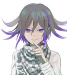  1boy bangs black_hair checkered checkered_neckwear checkered_scarf dangan_ronpa_(series) dangan_ronpa_v3:_killing_harmony finger_to_mouth hair_between_eyes hand_up highres index_finger_raised jacket kuangtai_(amami_ryoko) long_sleeves looking_at_viewer male_focus multicolored_hair ouma_kokichi pink_eyes pink_hair scarf simple_background smile smug solo straitjacket two-tone_hair upper_body violet_eyes white_background white_jacket 