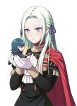  2girls :d black_jacket blue_eyes blue_hair blush byleth_(fire_emblem) byleth_eisner_(female) cape commentary edelgard_von_hresvelg fire_emblem fire_emblem:_three_houses forehead garreg_mach_monastery_uniform hair_ribbon holding_another jacket long_hair long_sleeves looking_at_another minigirl multiple_girls open_mouth parted_lips pukui purple_ribbon red_cape ribbon silver_hair simple_background smile upper_body violet_eyes white_background 