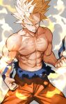  1boy abs absurdres blonde_hair clenched_hands commentary_request cowboy_shot dougi dragon_ball dragon_ball_z green_eyes grin highres legs_apart looking_at_viewer male_focus muscular muscular_male navel parted_lips pectorals serious shirtless smile solo son_goku spiky_hair super_saiyan super_saiyan_2 torn_clothes veins wristband yoshio_(55level) 