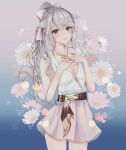  1girl animal_ears bangs breasts breasts_apart cat_ears cat_tail cowboy_shot dress eyebrows_visible_through_hair facial_mark final_fantasy final_fantasy_xiv floral_background gradient gradient_background grey_eyes grey_hair hands_on_own_chest highres jewelry long_hair looking_at_viewer medium_breasts miqo&#039;te necklace ponytail sakura_mochiko solo tail whisker_markings 