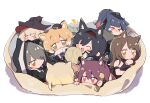 1boy 6+girls animal_ear_fluff animal_ears animal_hood arknights black_cloak black_hair blaze_(arknights) cat_boy cat_day cat_ears cat_girl cat_hood cat_tail cloak extra_ears green_eyes grey_hair hairband haze_(arknights) highres hood jessica_(arknights) kyou_039 large_tail long_hair melantha_(arknights) mousse_(arknights) phantom_(arknights) podenco_(arknights) red_hairband short_hair skyfire_(arknights) tail