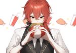  1boy bangs blush covered_mouth cup diluc_(genshin_impact) disposable_cup drinking_straw eating food genshin_impact hair_between_eyes hair_ribbon hamburger highres holding holding_food kkopoli lettuce long_hair looking_at_viewer male_focus necktie red_eyes redhead ribbon simple_background sleeves_rolled_up solo star_(symbol) turkey_(food) wrapper 