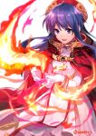  1girl :d ahoge ane-suisei bangs blue_eyes blue_hair bracelet cape dress eyebrows_visible_through_hair fire fire_emblem fire_emblem:_the_binding_blade floating_hair hair_between_eyes hat highres jewelry lilina_(fire_emblem) long_dress long_hair open_mouth red_cape red_headwear shiny shiny_hair smile solo twitter_username white_dress 