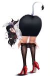  1girl absurdres animal_ears ass black_hair black_legwear blueorca breasts cow_ears cow_girl cow_tail high_heels highres horns id_card large_breasts leaning_forward long_hair office_lady original pantyhose pantyhose_pull pencil_skirt red_footwear simple_background skirt solo symbol_commentary tail torn_clothes torn_legwear undressing violet_eyes white_background 