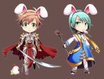  2boys animal_ears archbishop_(ragnarok_online) armor armored_boots bangs belt bird black_hairband blue_coat boots breastplate brown_background brown_hair candy cape chainmail chibi chick chicken choker closed_mouth coat commentary_request cross eyebrows_visible_through_hair fake_animal_ears food full_body gauntlets green_eyes green_hair hairband holding holding_staff holding_sword holding_weapon katana leg_armor lollipop looking_to_the_side male_focus multiple_boys nip_sakazuki pants pauldrons rabbit_ears ragnarok_online red_cape rune_knight_(ragnarok_online) short_hair shoulder_armor simple_background smile spiked_pauldrons staff standing sword tabard torn_cape torn_clothes two-tone_coat weapon white_coat white_pants 