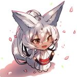  1girl :d animal_ear_fluff animal_ears bangs barefoot chibi commentary_request eyebrows_visible_through_hair fox_ears fox_girl fox_tail full_body hair_between_eyes highres japanese_clothes kimono long_sleeves looking_away obi open_mouth original petals ponytail red_eyes sash silver_hair smile solo standing tail white_background white_kimono wide_sleeves yuuji_(yukimimi) 