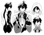  1boy back bangs character_name closed_eyes closed_mouth collared_shirt crossed_arms eyes_in_shadow formal from_behind genshin_impact gloves greyscale hair_between_eyes hood hood_up jacket jewelry long_hair long_sleeves looking_at_viewer male_focus monochrome naimstep necktie one_eye_covered open_mouth ponytail shirt shirtless simple_background single_earring smile suit symbol-shaped_pupils turn white_background zhongli_(genshin_impact) 