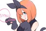  1girl :q bangs black_gloves black_ribbon black_shirt blue_eyes blush breasts cat_day cat_tail closed_mouth collared_shirt commentary eyebrows_behind_hair gloves go-toubun_no_hanayome hair_between_eyes hair_ribbon kujou_karasuma medium_breasts nakano_yotsuba nyan paw_gloves paws ribbon romaji_text shirt simple_background sleeveless sleeveless_shirt smile solo speech_bubble symbol_commentary tail tail_raised tongue tongue_out upper_body white_background 