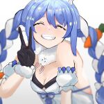  1girl 1other arm_cuffs bangs bare_shoulders black_gloves blue_hair blurry blurry_foreground braid breasts carrot closed_eyes don-chan_(usada_pekora) eyebrows_visible_through_hair fur_trim gloves hair_between_eyes hand_up highres hololive little_strobe long_hair medium_breasts sash sidelocks sleeveless smile teeth twin_braids upper_body usada_pekora v virtual_youtuber 