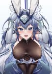  1girl absurdres animal_ears azur_lane blue_eyes blue_hair blush bodystocking breasts coat covered_navel elbow_gloves eyebrows_visible_through_hair fake_animal_ears from_above gloves headgear highres large_breasts long_hair looking_at_viewer looking_up new_jersey_(azur_lane) open_clothes open_coat pantyhose qianshui_baodan rabbit_ears sideboob simple_background solo taut_clothes thighband_pantyhose white_background white_coat white_gloves 