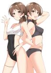  2girls :d arm_up ass back bangs bikini black_bikini black_swimsuit breasts brown_eyes brown_hair closed_mouth covered_navel dual_persona eyebrows_visible_through_hair girls_und_panzer halterneck hand_in_hair highres kawanishi_shinobu komekueyo light_blush locked_arms looking_at_viewer looking_back medium_hair multiple_girls one-piece_swimsuit open_mouth short_ponytail simple_background small_breasts smile standing swept_bangs swimsuit thigh_strap waving white_background 