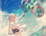  1girl afloat arm_up balloon bare_shoulders blue_sky branch clouds cloudy_sky collarbone eyebrows_visible_through_hair flower hair_between_eyes highres holding holding_flower navel open_mouth original pink_flower short_hair signature sky solo teeth thigh_strap tongue upper_teeth watori_re 