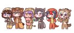  6+girls a-15_salamander animal_costume bird_costume blonde_hair blue_eyes blush blush_stickers braid brown_hair bulga camel_costume chibi closed_eyes e-16_talonfeather eyebrows_visible_through_hair grey_eyes hair_between_eyes hyena_costume jitome khan_the_swift last_origin lizard_costume long_hair multicolored_hair multiple_girls orange_eyes pillow purple_hair quick_camel raccoon_costume red_pupils redhead salamander_costume sharp_teeth short_hair simple_background smile t-40_hyena t-75_werewolf teeth twin_braids two-tone_hair white_background wolf_costume 