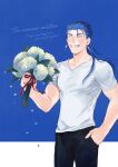  1boy alternate_costume blue_hair bouquet closed_mouth cowboy_shot cu_chulainn_(fate)_(all) earrings english_text fang fate/stay_night fate_(series) floating_hair flower grin hand_in_pocket happy_birthday highres holding holding_bouquet inamugi jewelry lancer long_hair male_focus muscular muscular_male pants ponytail ribbon shirt short_sleeves simple_background smile solo spiky_hair t-shirt v-neck 