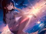  1girl bangs barefoot black_hair blue_eyes blush collared_shirt constellation diffraction_spikes dress elbow_on_knee eyebrows_visible_through_hair fireworks full_body hand_in_hair highres knees_up long_hair looking_at_viewer night night_sky original parted_lips ripples sakura_(39ra) shirt short_sleeves sky solo space sparkler squatting star_(sky) star_(symbol) starry_sky water white_shirt 