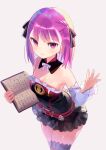  1girl bangs bare_shoulders black_dress black_legwear book breasts detached_collar dress fate/grand_order fate_(series) helena_blavatsky_(fate) highres holding holding_book long_sleeves looking_at_viewer open_book purple_hair short_dress short_hair small_breasts smile thigh-highs thighs violet_eyes zenshin 