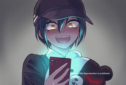  108_(toowa) :d ahoge bangs black_hair black_headwear blush brown_eyes cellphone collared_shirt commentary_request dangan_ronpa_(series) dangan_ronpa_v3:_killing_harmony gradient gradient_background hair_between_eyes happy hat highres holding jacket long_sleeves looking_at_viewer male_focus monokuma official_alternate_costume open_mouth phone saihara_shuuichi shirt short_hair smartphone smile upper_teeth watermark white_shirt 