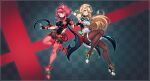  2girls bangs bare_legs bare_shoulders black_gloves blonde_hair breasts chest_jewel dress earrings elbow_gloves fingerless_gloves gloves highres jewelry large_breasts leggings long_hair multiple_girls mythra_(xenoblade) pantyhose pyra_(xenoblade) red_eyes red_legwear red_shorts redhead short_dress short_hair short_shorts shorts super_smash_bros. swept_bangs thigh-highs thigh_strap tiara very_long_hair white_dress white_footwear white_gloves xenoblade_chronicles_(series) xenoblade_chronicles_2 yagi_(kyuhyun) yellow_eyes 