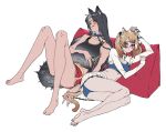  2girls :q animal_ears bangs bare_shoulders barefoot black_hair blue_eyes blue_panties blush breasts brown_eyes brown_hair collarbone couple crop_top full_body gado hair_ornament hickey highres holding holding_leash holding_tail leash long_sleeves looking_at_viewer lying medium_breasts midriff multiple_girls navel on_back on_side one_eye_closed original panties pillow red_shorts short_shorts shorts sidelocks simple_background skirt sleeveless small_breasts stomach tail tongue tongue_out twintails underwear white_background white_skirt yuri 