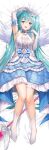  1girl arm_up blue_bow blue_eyes blue_hair bow breasts dakimakura_(medium) dress dress_bow elbow_gloves flower frilled_dress frills gloves hatsune_miku headpiece highres long_hair lunacle small_breasts solo very_long_hair vocaloid wand white_legwear white_wings wings 