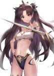 1girl bikini bikini_pull black_hair black_legwear breasts crown earrings essual_(layer_world) fate/grand_order fate_(series) holding holding_weapon ishtar_(fate) ishtar_(fate)_(all) jewelry long_hair looking_at_viewer panties red_eyes standing swimsuit underwear weapon 