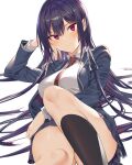  1girl bangs black_jacket black_legwear black_skirt blazer blush breasts closed_mouth elbow_rest hair_ribbon haitekudasai_takamine-san hiiragi_yuuichi jacket knee_up kneehighs large_breasts long_hair long_sleeves looking_at_viewer lying miniskirt necktie on_back pleated_skirt purple_hair red_eyes red_neckwear ribbon school_uniform shirt skirt smile solo striped takamine_takane very_long_hair white_ribbon white_shirt 