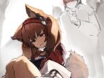  1girl absurdres angelina_(arknights) animal_ears arknights blush crying crying_with_eyes_open eyebrows_visible_through_hair fox_ears hair_between_eyes highres jacket long_hair open_clothes open_jacket open_mouth tab_head tail tearing_up tears white_background white_jacket 