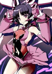  1000 1girl black_hair breasts closed_mouth cowboy_shot detached_sleeves gloves hair_intakes headphones highres leotard long_sleeves miniskirt pink_skirt pink_sleeves pleated_skirt red_eyes senki_zesshou_symphogear shiny shiny_hair short_hair skirt small_breasts smile solo standing thigh_gap tsukuyomi_shirabe 