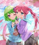  2girls :o bangs black_skirt blue_eyes blue_sweater blush box cherry_blossoms commission drinking_straw eyebrows_visible_through_hair green_hair highres holding holding_box juice_box koyubita leaning_on_person long_hair long_sleeves looking_at_viewer miniskirt multiple_girls one_eye_closed original petals pink_hair purple_sweater short_hair signature skeb_commission skirt sky standing sweater twintails very_long_hair violet_eyes 