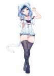  1girl absurdres animal_ears animal_hood bandeau bangs bare_shoulders black_legwear blue_eyes blue_hair blush breasts cat_ears cat_hood cat_tail cheli_(kso1564) claw_pose collarbone commentary_request crossed_legs eyebrows_visible_through_hair fingernails full_body fur-trimmed_jacket fur_trim grey_nails grin hand_up head_tilt highres hood hood_up hooded_jacket jacket jewelry long_fingernails looking_at_viewer medium_breasts mole mole_on_neck mole_under_mouth nail_polish no_shoes original pendant sharp_fingernails simple_background smile solo standing tail thigh-highs watson_cross white_background white_jacket 